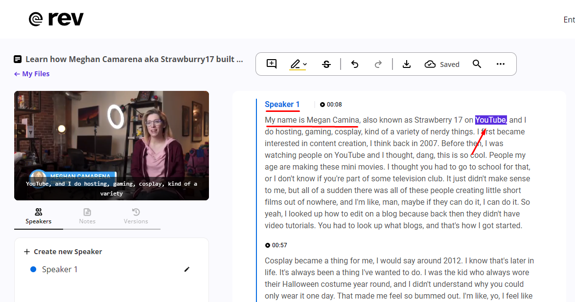 Edit your Rev transcript text and speakers
