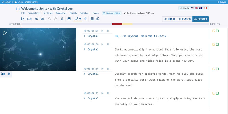 Éditeur de transcription Sonix.ai pour les workflows média et de sous-titres