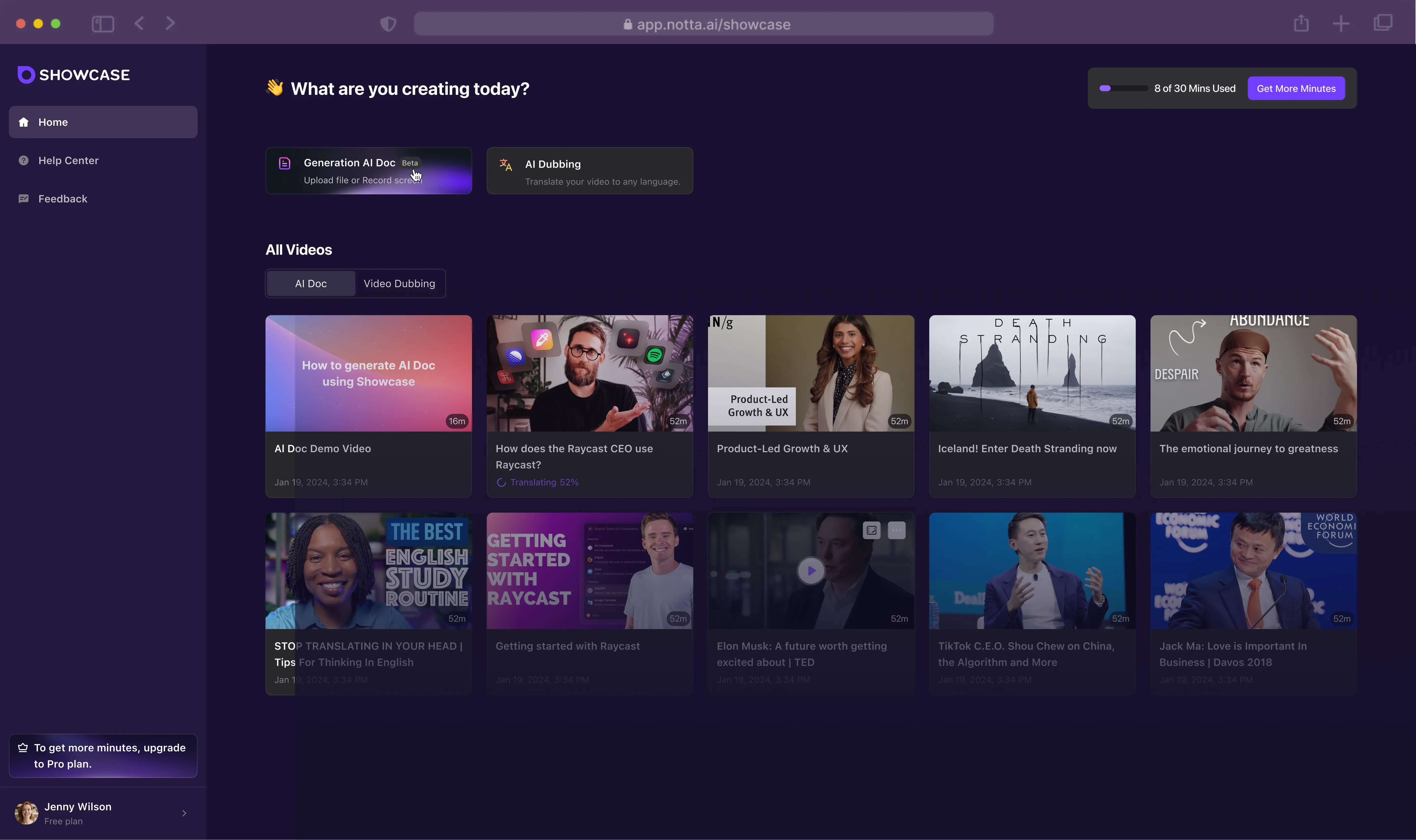 Notta Showcase interface