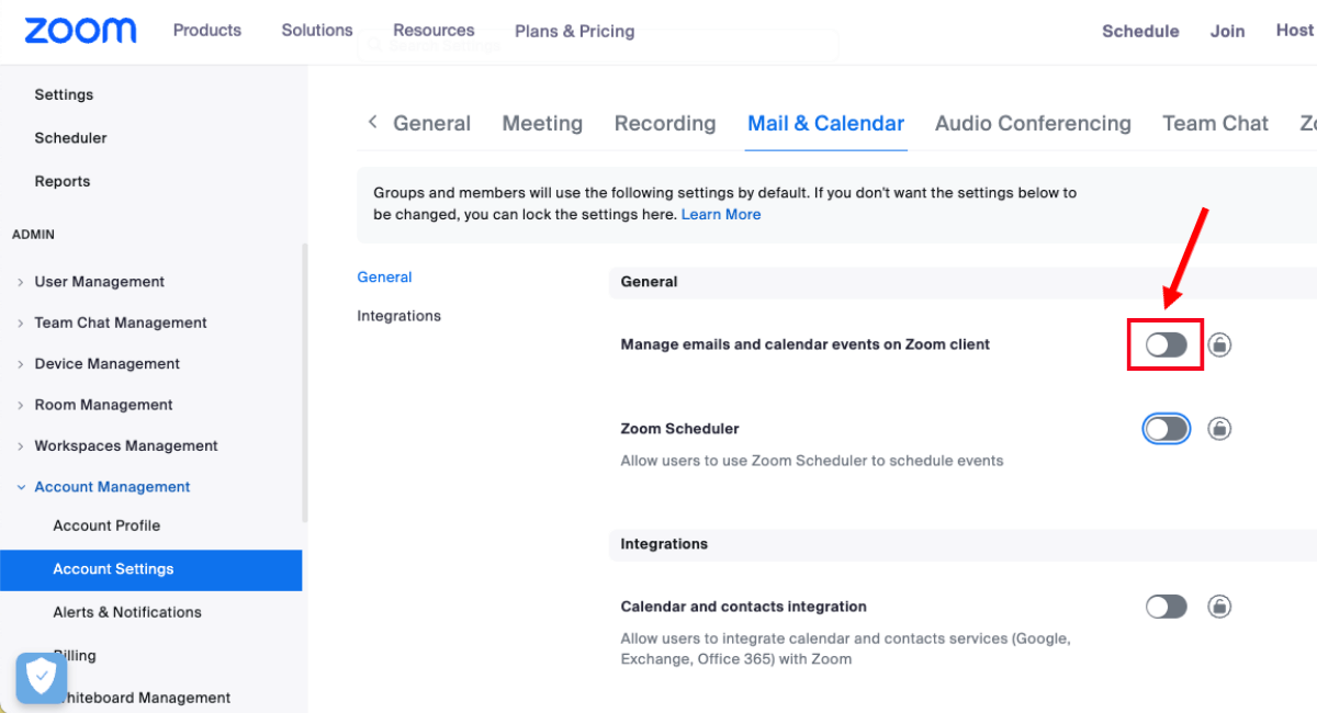 enable manage emails and calendar events on zoom client