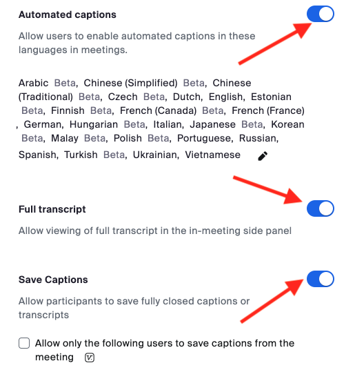 enabling call live transcription from Zoom settings automated captions on Zoom