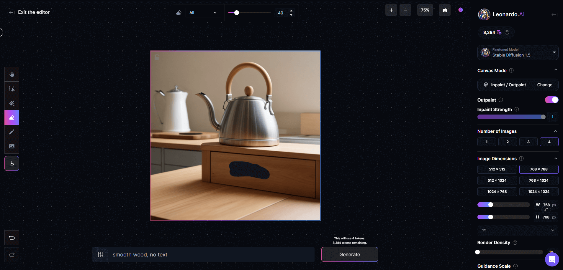 Erasing elements in an AI generated image of a kettle