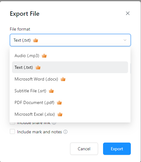 Export transcript file in a variety of formats on Notta