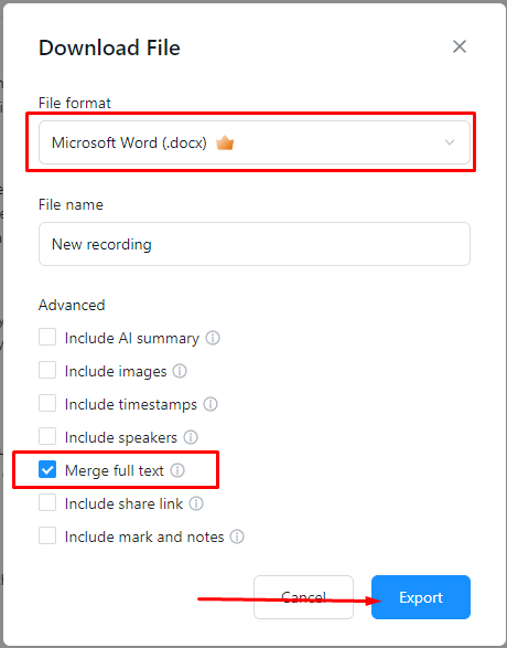 Export your book transcript