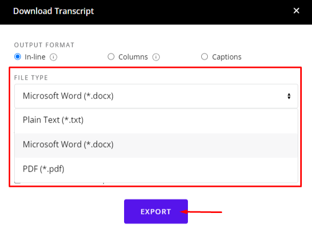 Export your transcript from Rev