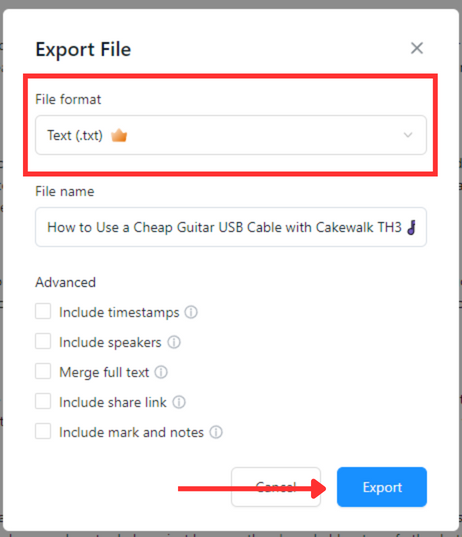 Export your TXT file to your device