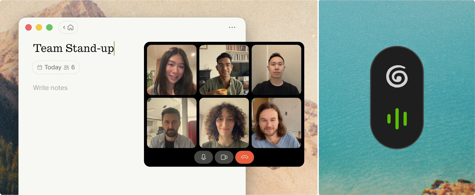 Granola note window beside a video meeting and its background recording indicator