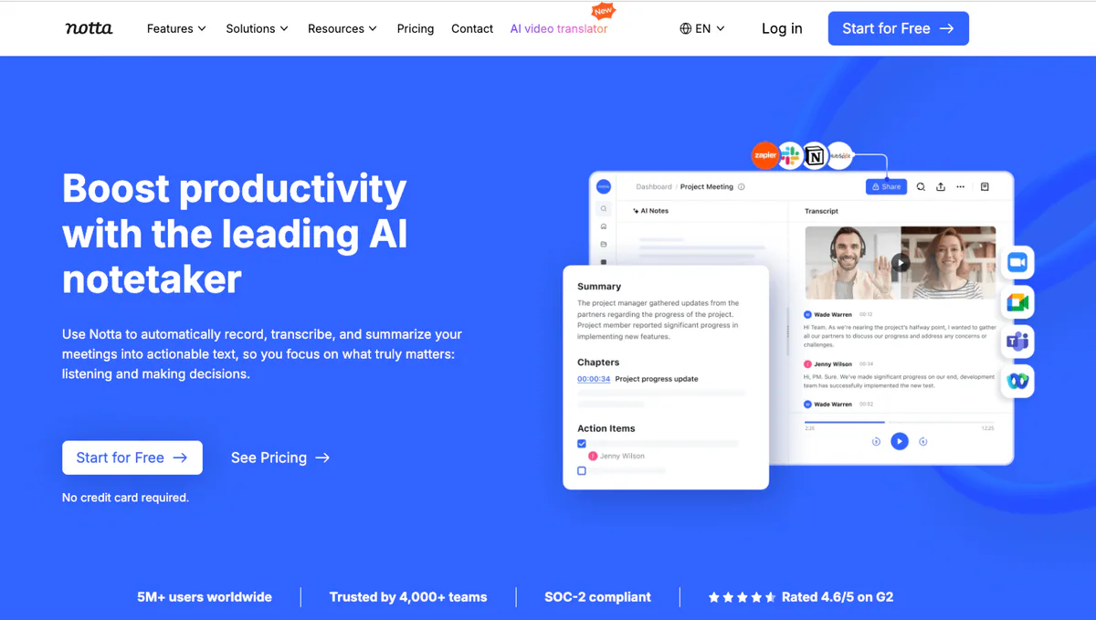 Notta AI meeting notetaker homepage