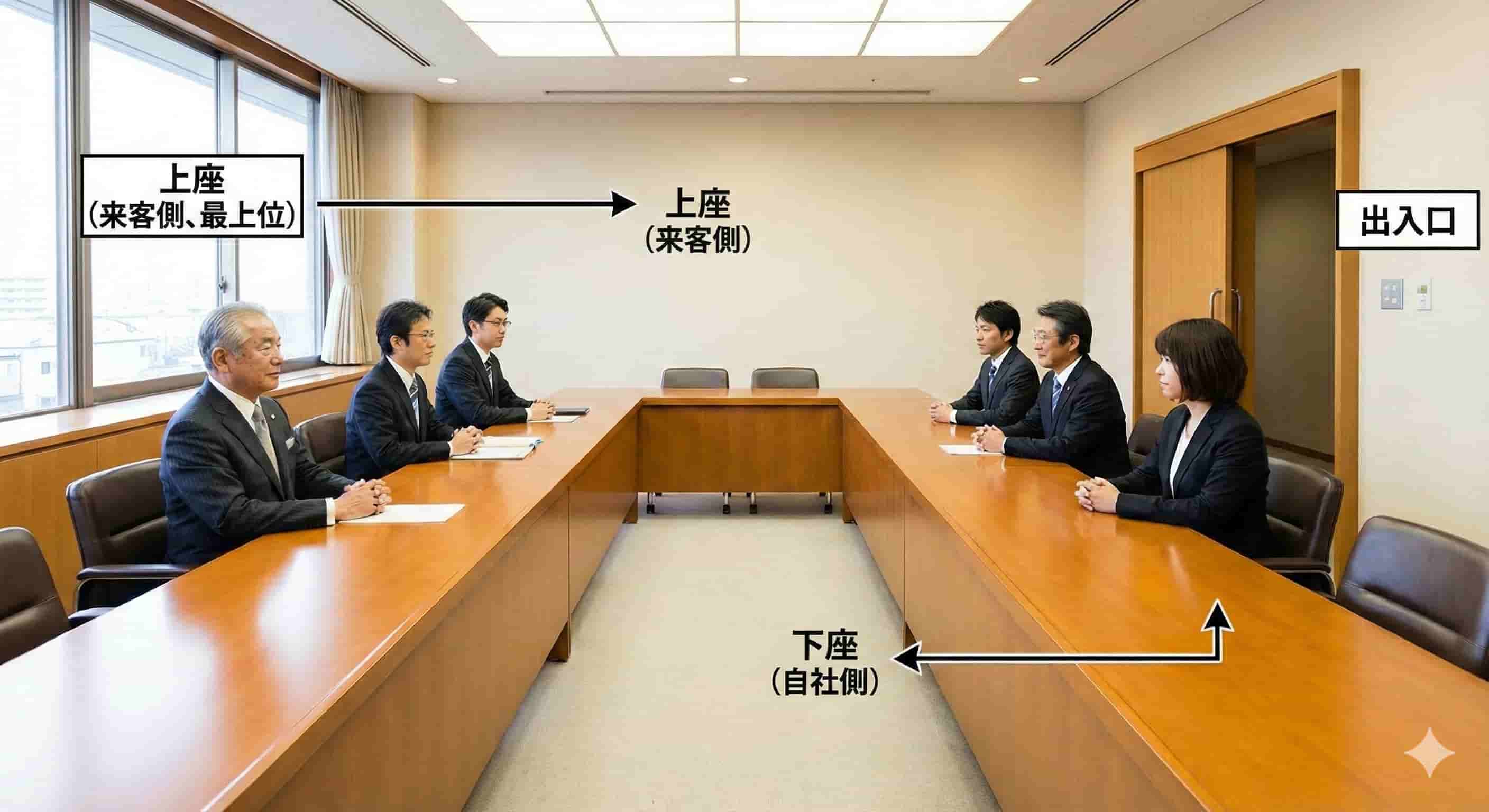 標準的な会議室(長テーブル対面式)の席次と自社・来客の配置 標準的な会議室(長テーブル対面式)の席次と自社・来客の配置
