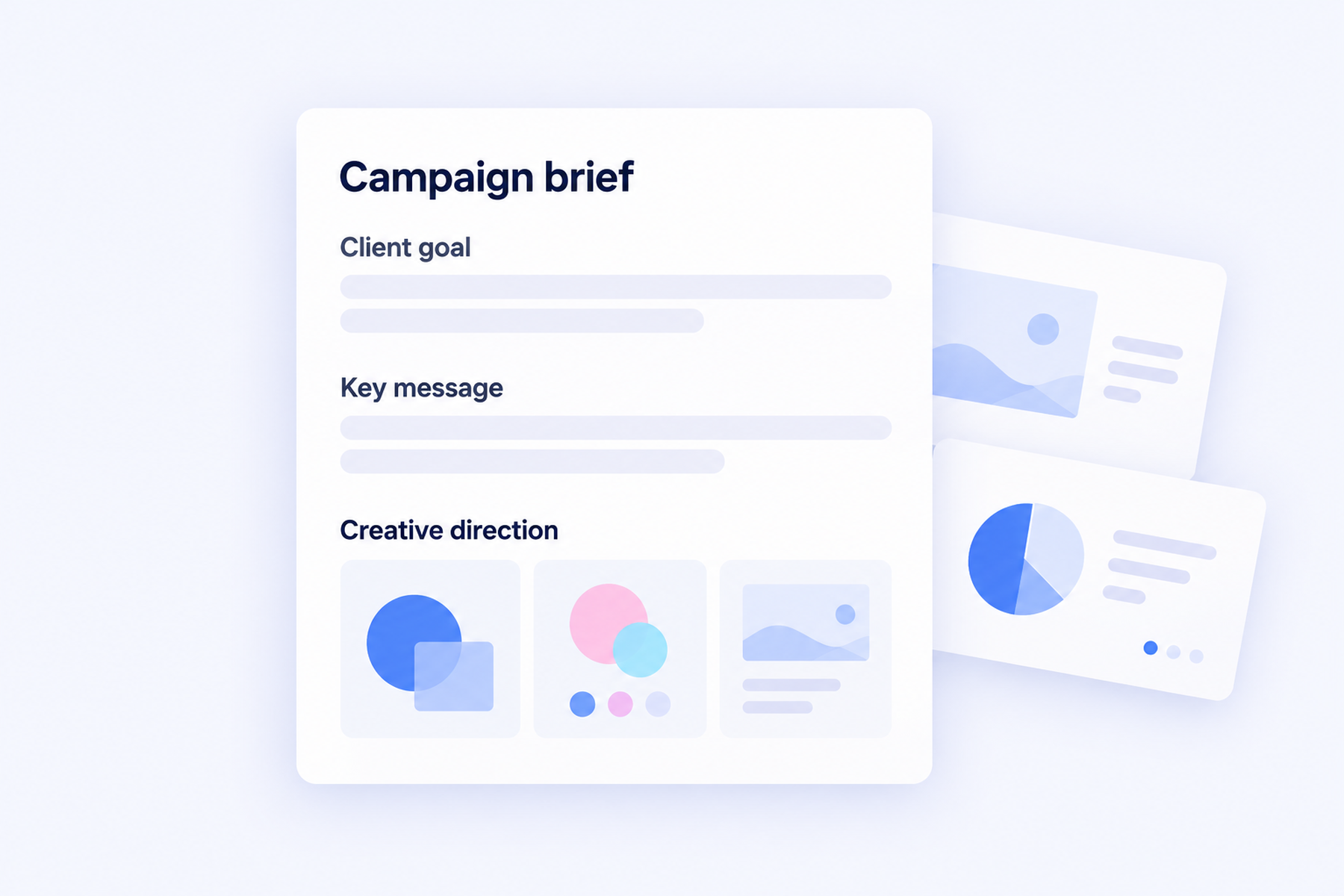 A campaign brief connects the client goal, key message, and creative direction, with presentation previews.