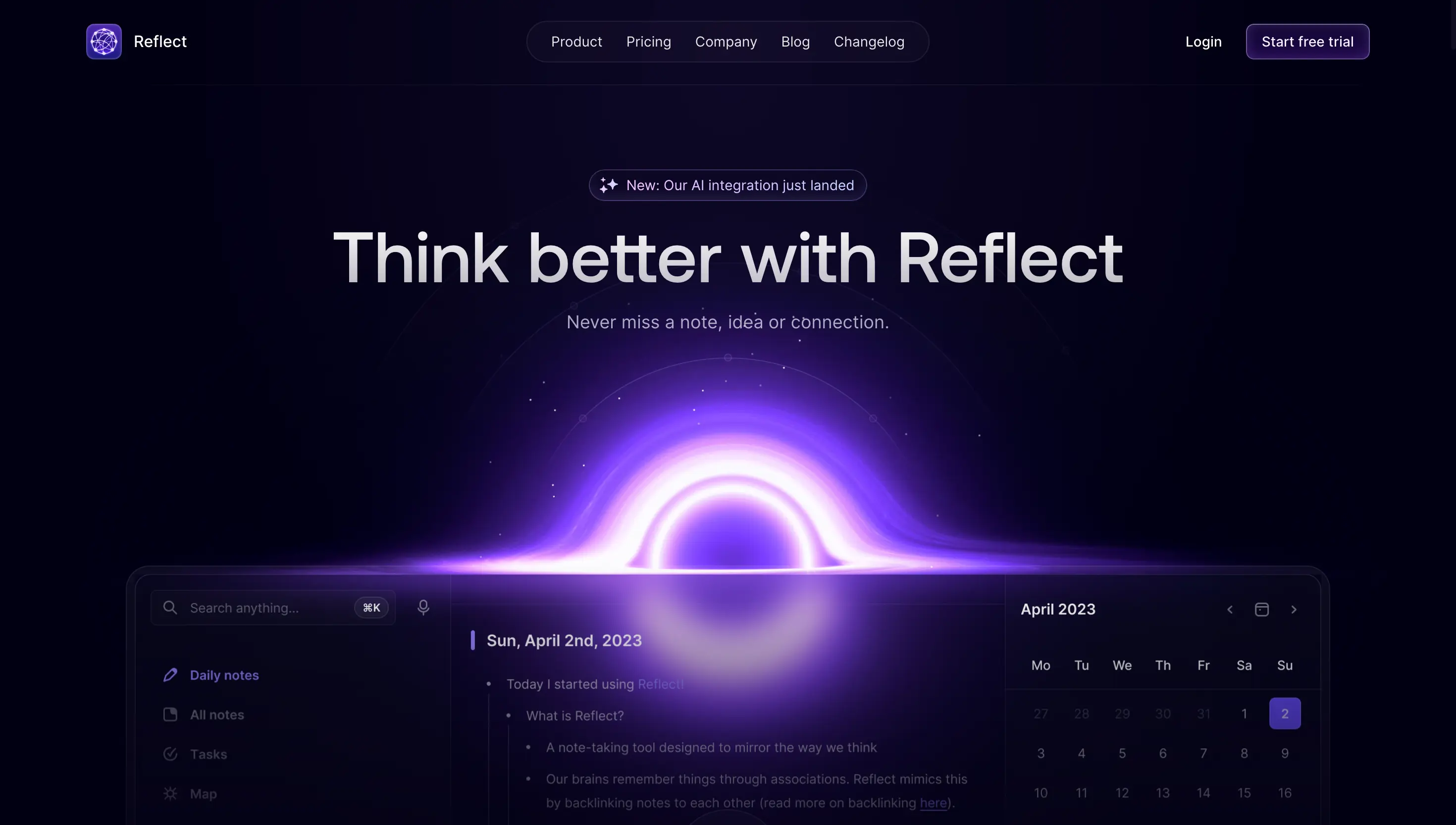 Page d’accueil de Reflect