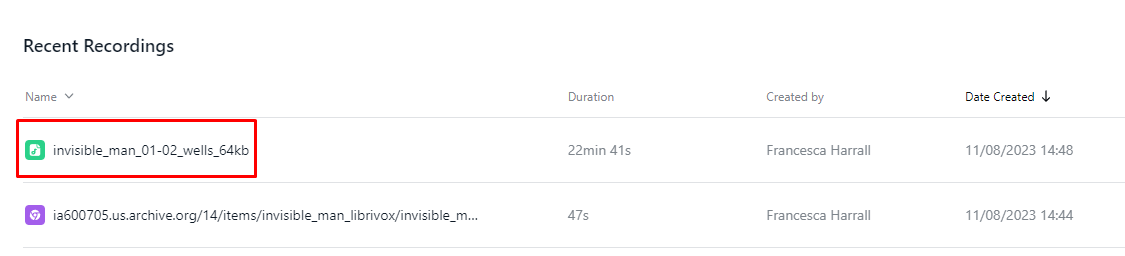 Find your audiobook transcript in the Recent Recordings list