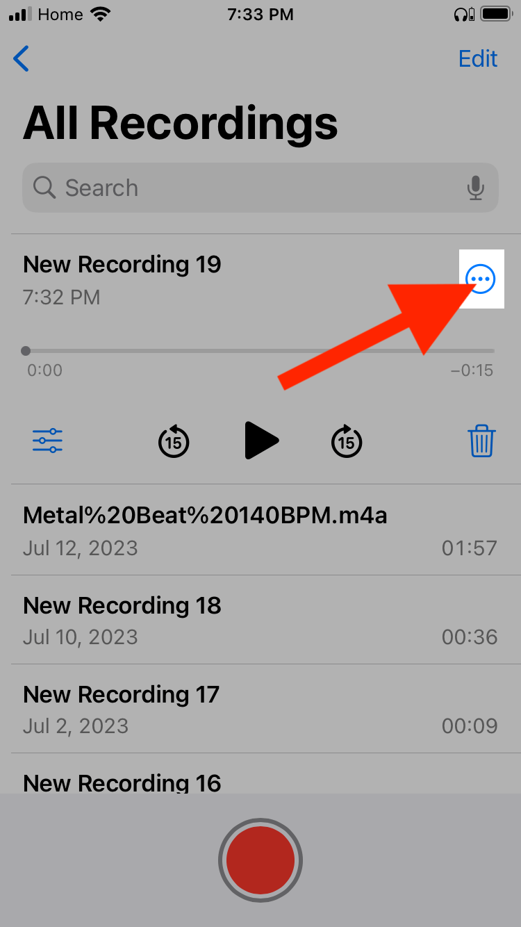 find your recording in the app and tap more