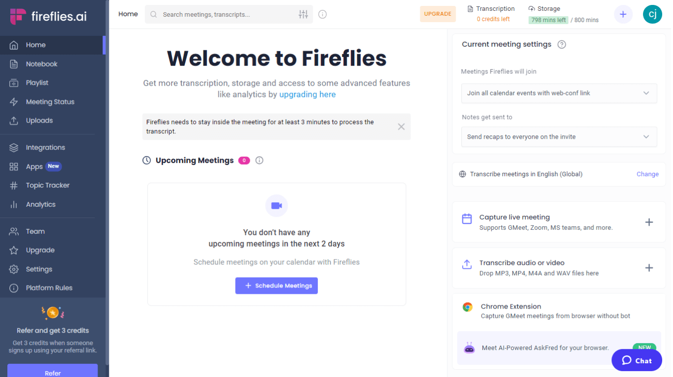 User interface of Fireflies.ai transcription tool