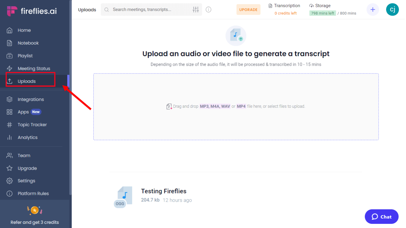 Click uploads and drag and drop files to transcribe pre-recorded meeting files