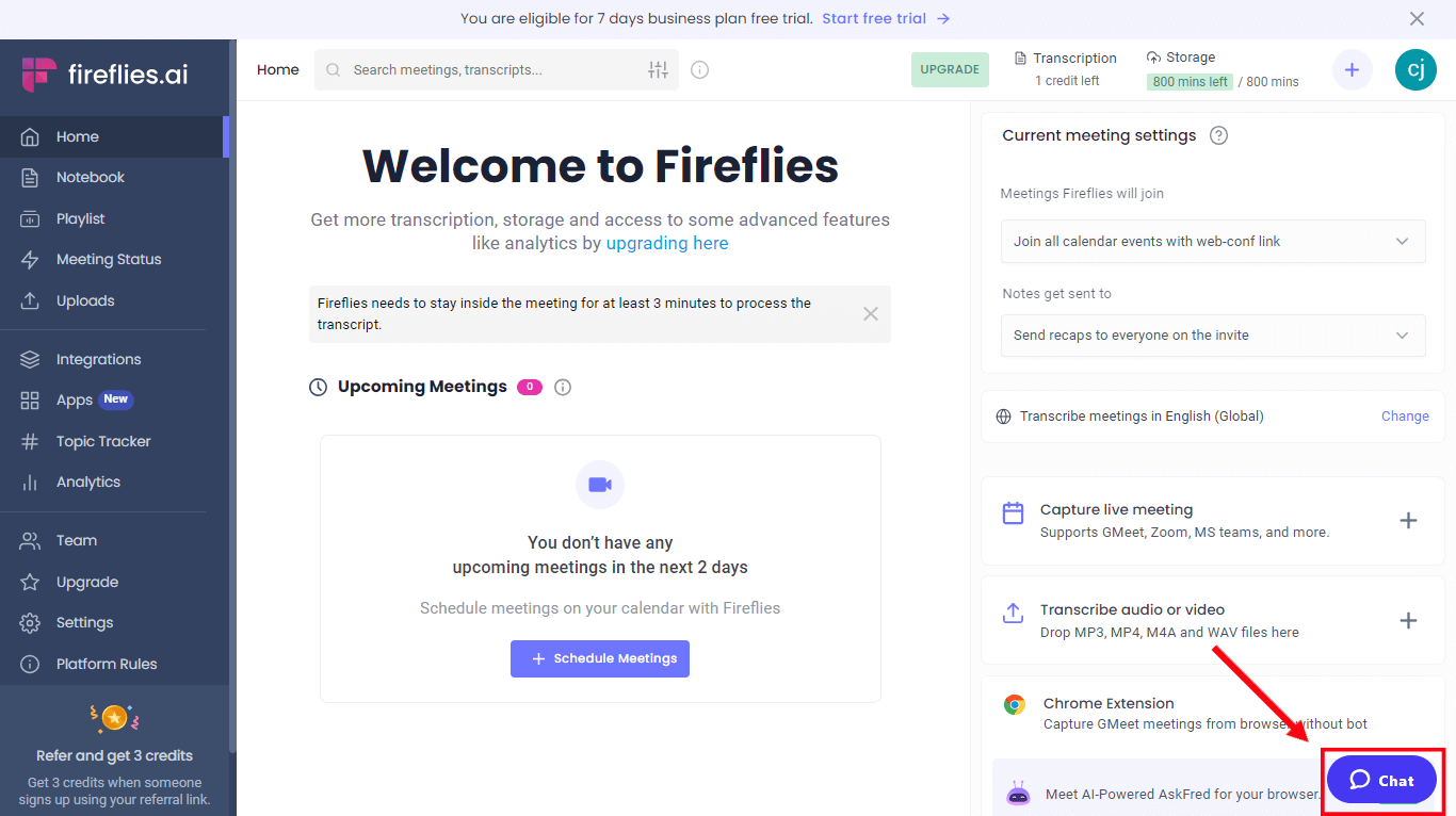 Fireflies live chat customer support option