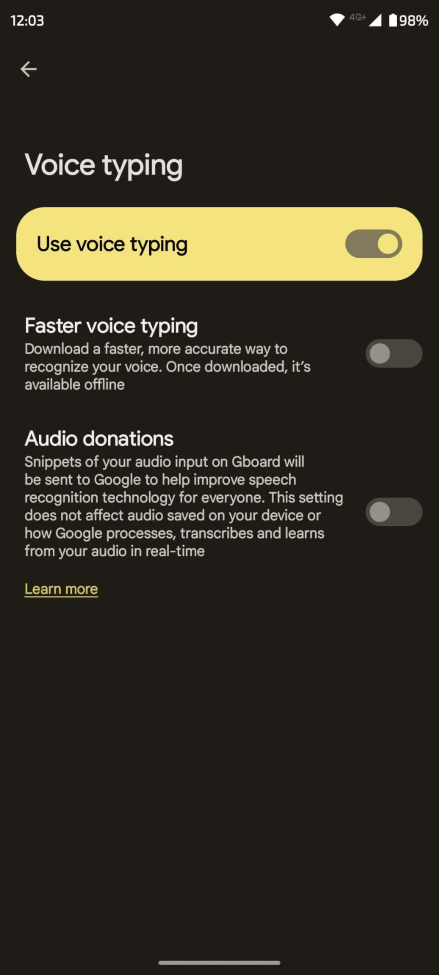gboard voice typing toggled on