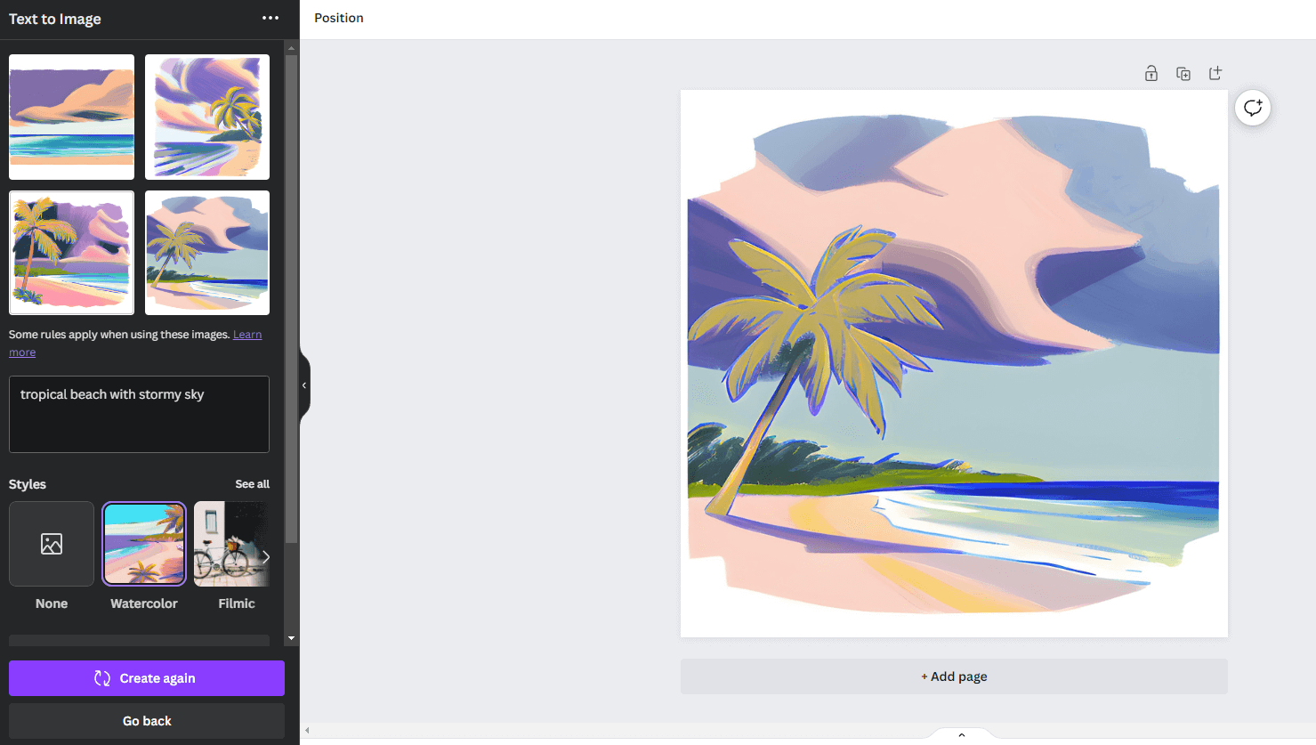 Generating a beach scene with Canva’s Text to Image AI tool