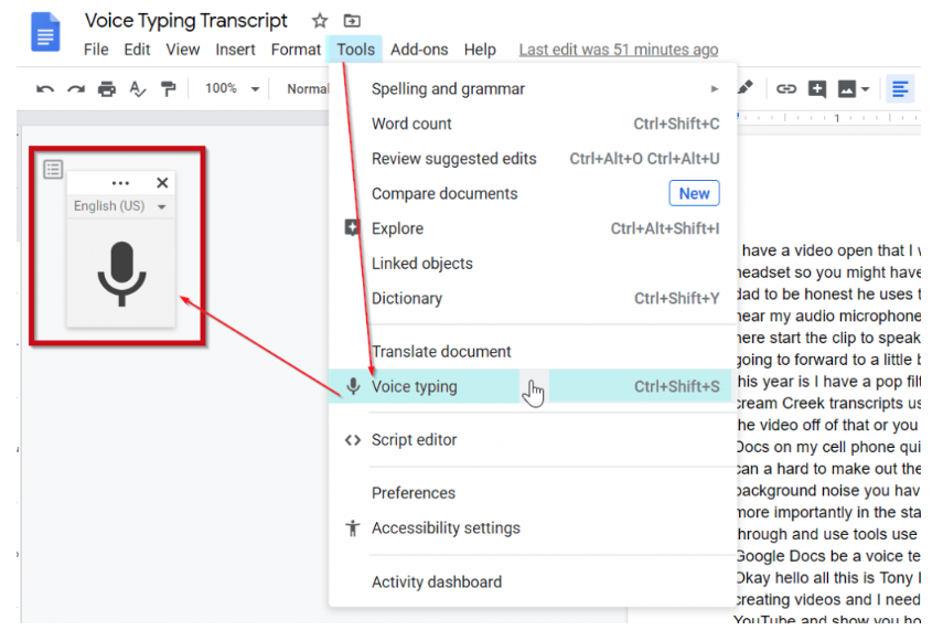 Google voice typing voice recognition feature in Google Docs