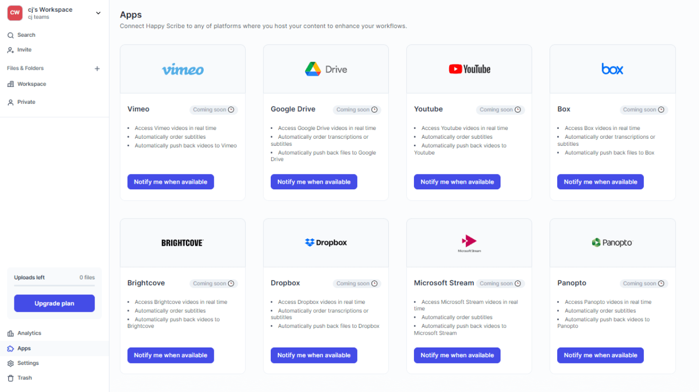 Happy Scribe integrations and apps