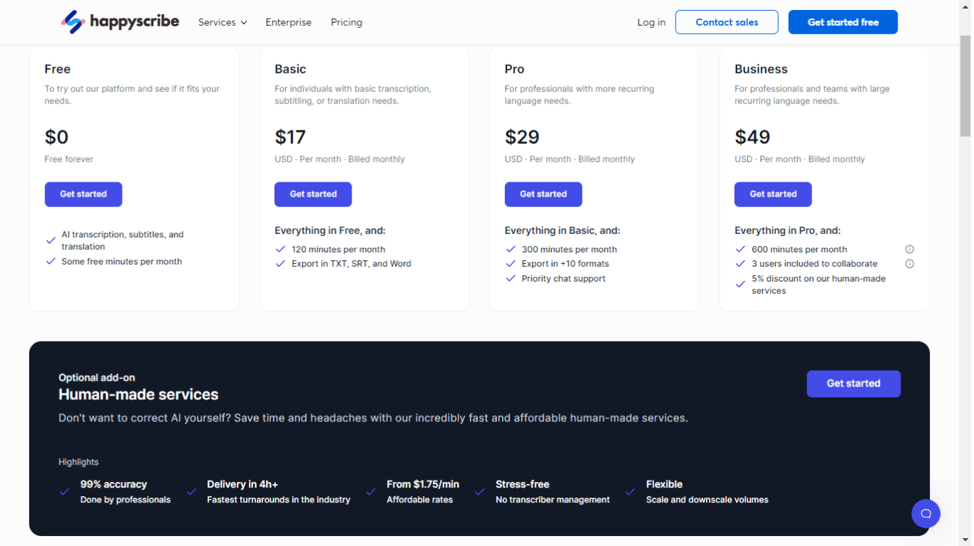 Happy Scribe pricing and plans