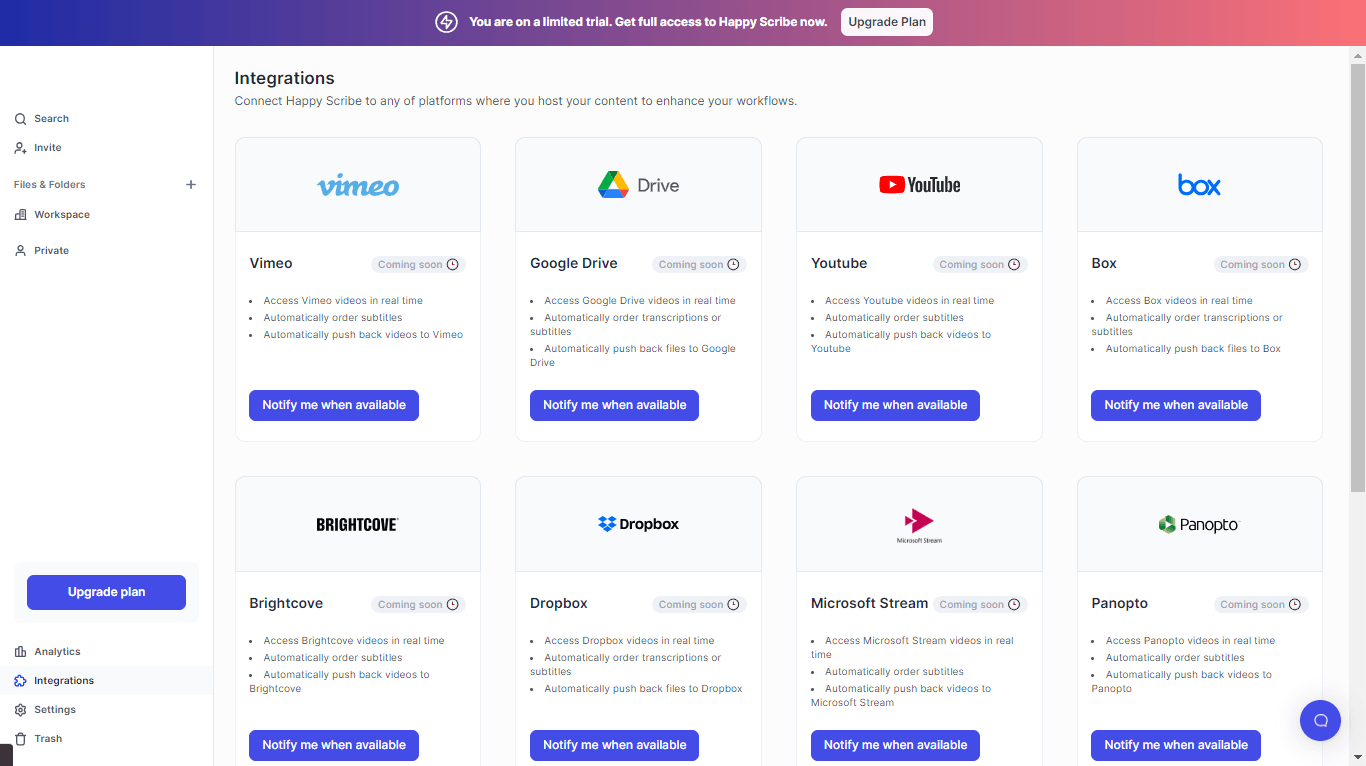 Happy Scribe integrations with third-party apps