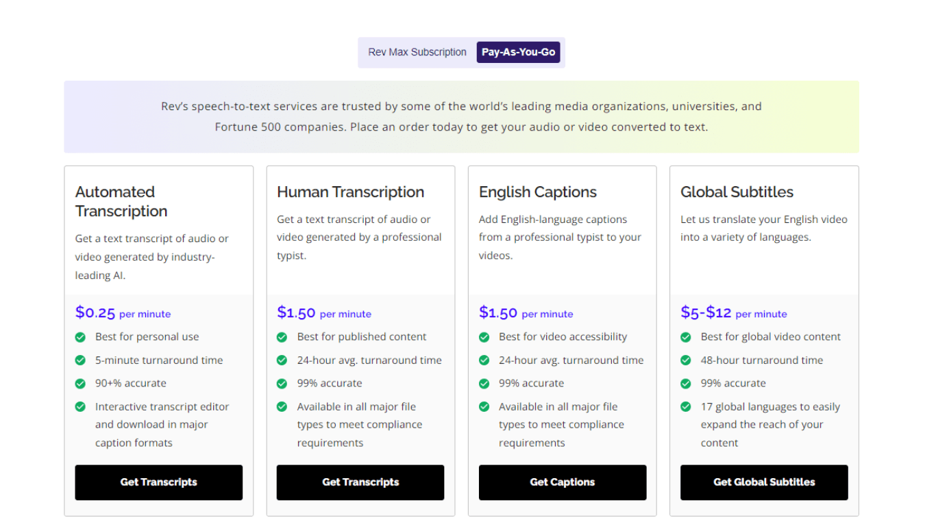 Rev pay-as-you-go pricing and plans