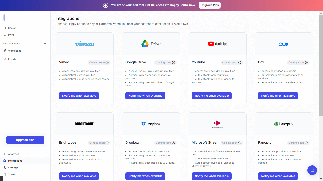 Happy Scribe third-party integrations