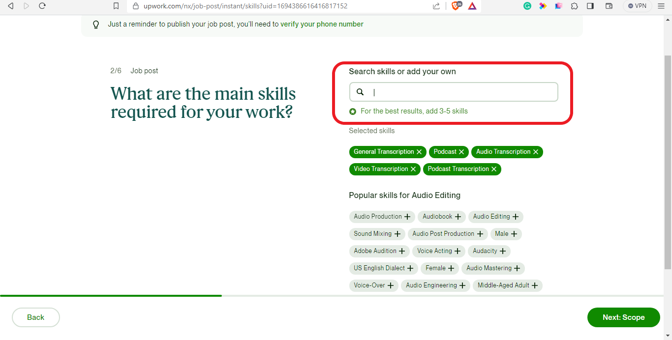 hire somebody to transcribe podcast Upwork onboarding select skills