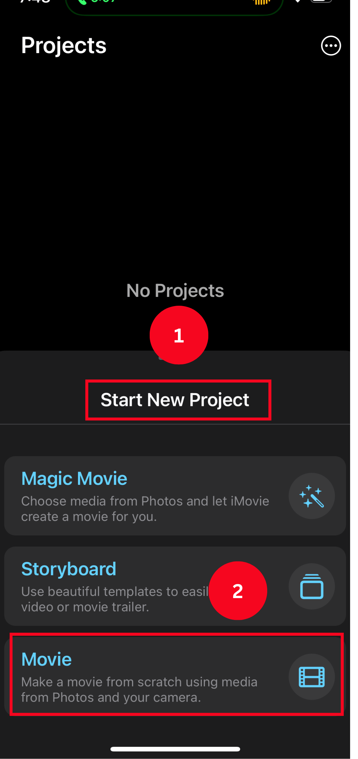 Click Start New Project followed by Movie