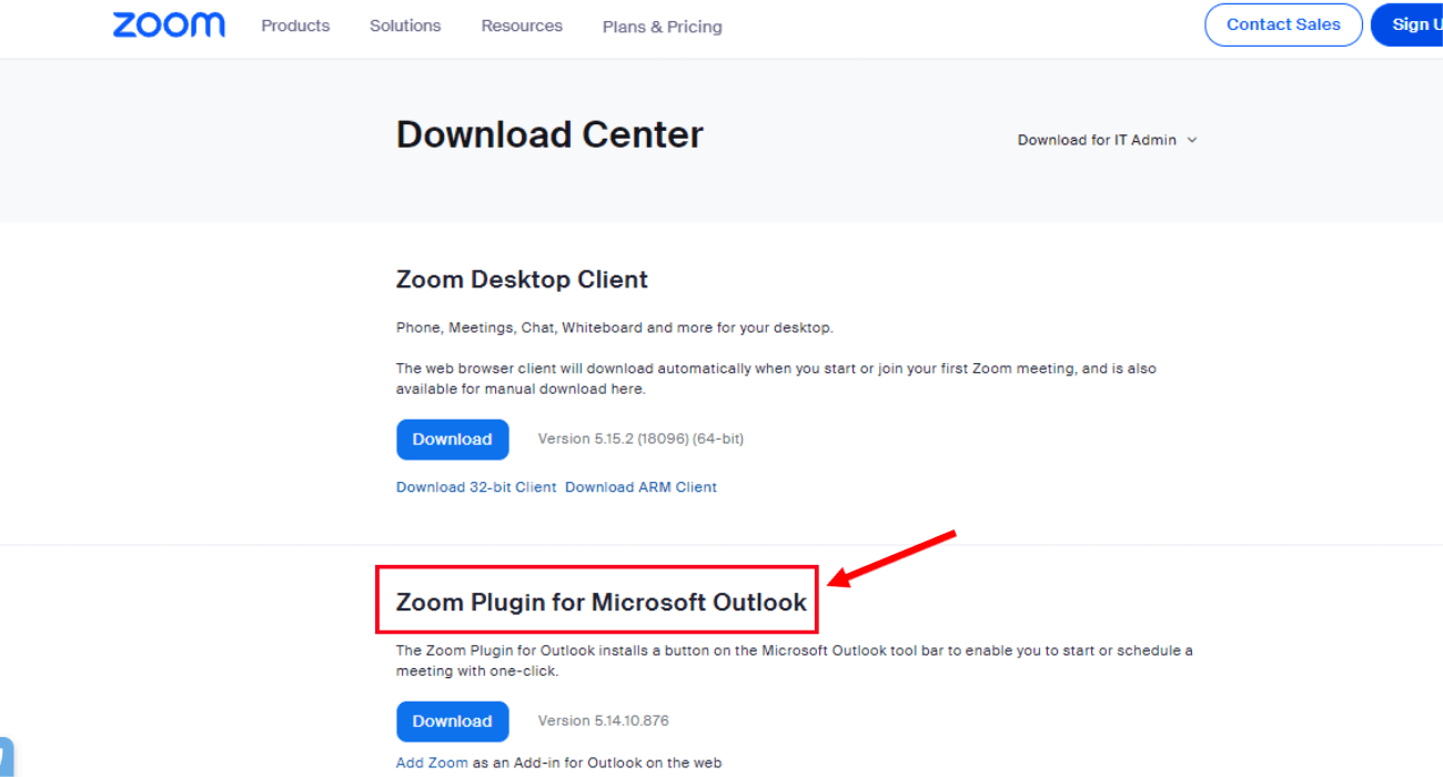 open the Zoom download center and find the Zoom plugin for Microsoft Outlook