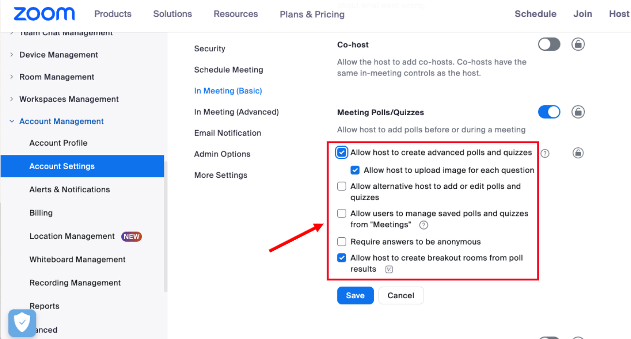 check the box to enable or disable the zoom poll feature