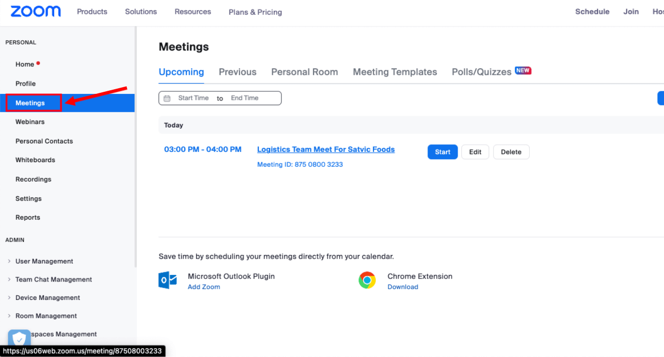 sign in to Zoom web portal and click meetings