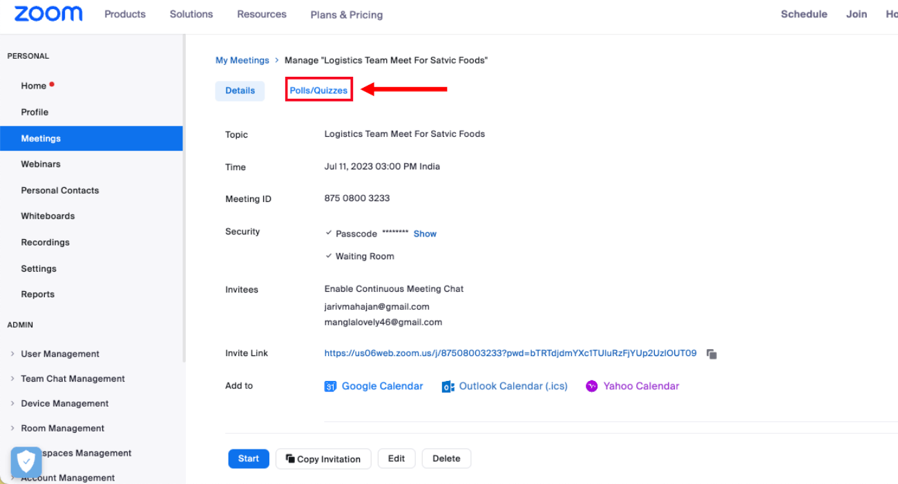 locate and select polls and quizzes option