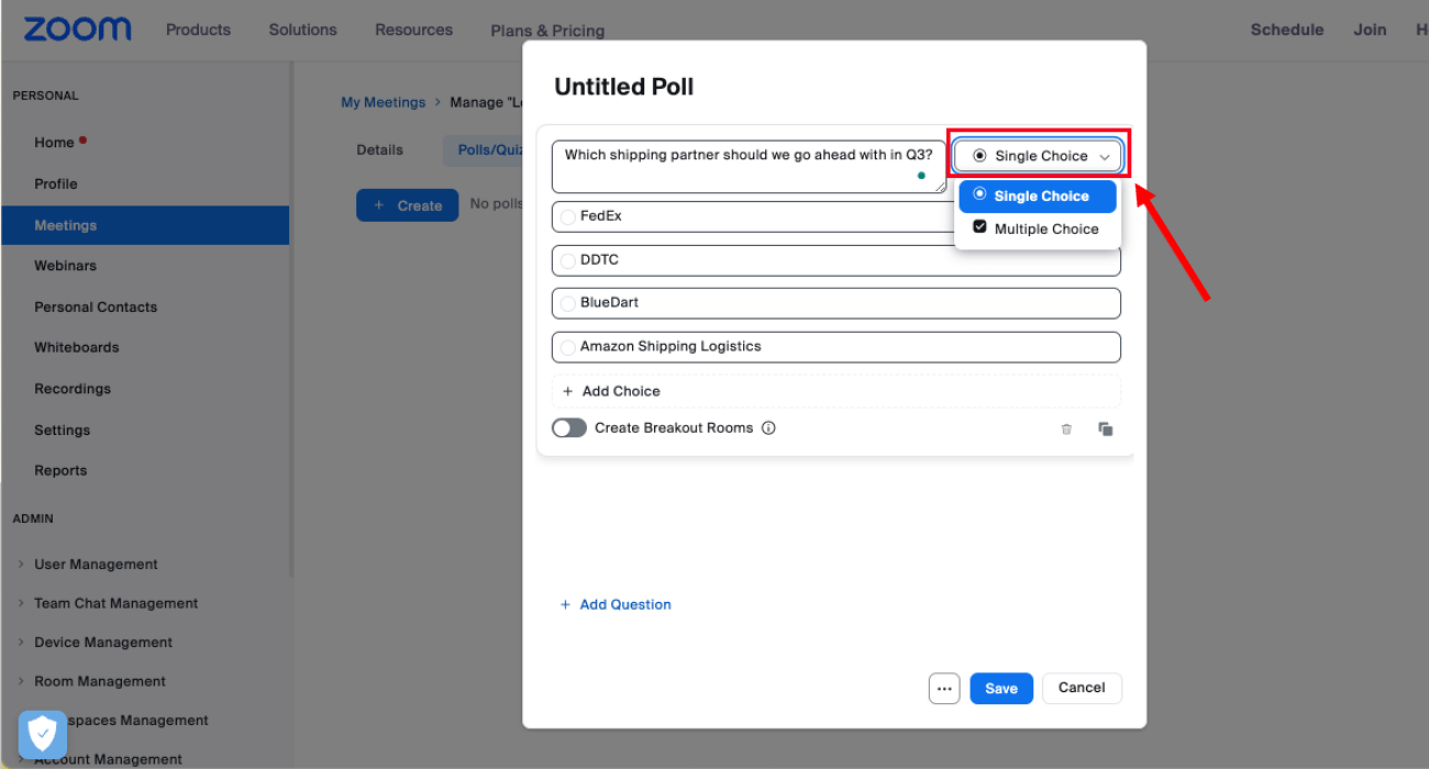 select arrow next to polling question to choose single or multiple choice question