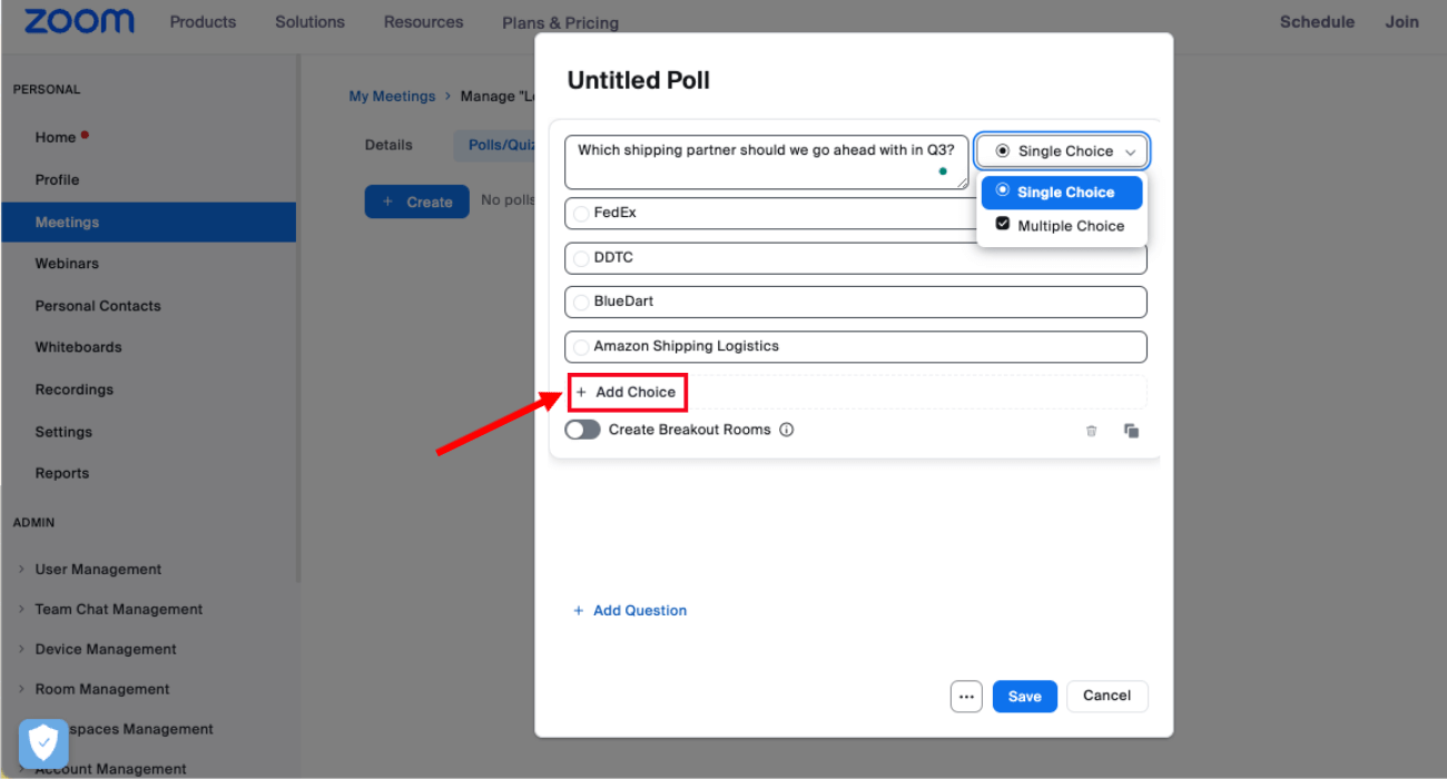 select add choice to add additional answer options