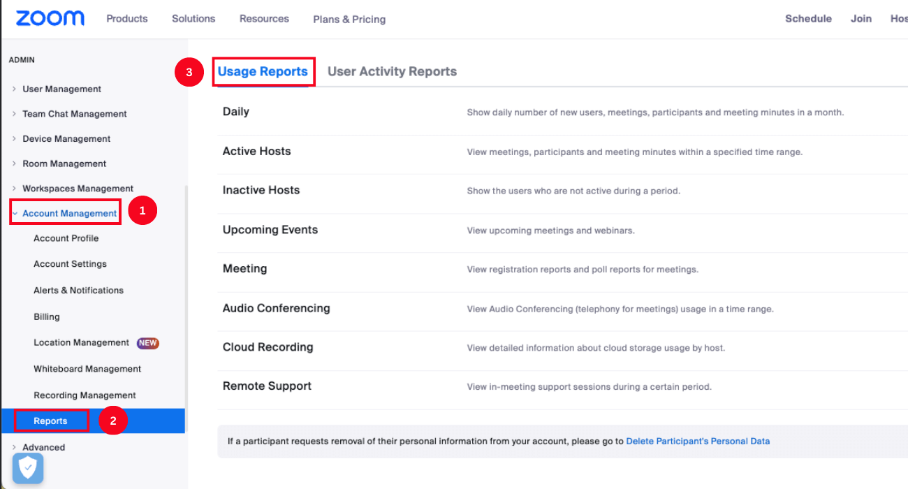 click account management then reports and select usage reports