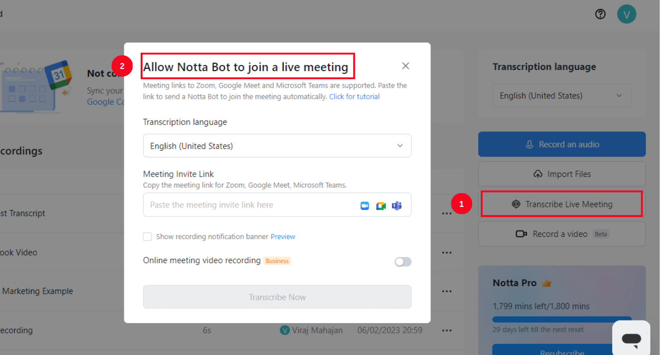 click transcribe live meeting to let Notta bot enter meeting