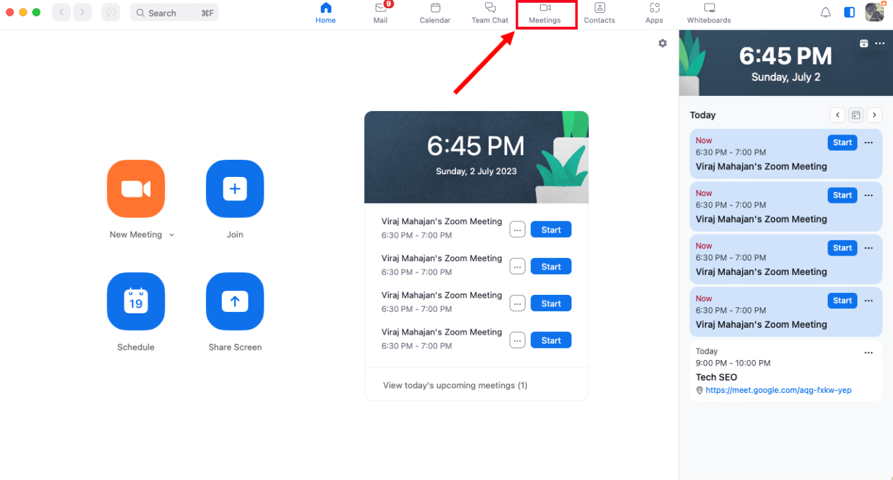 open Zoom app and select meetings