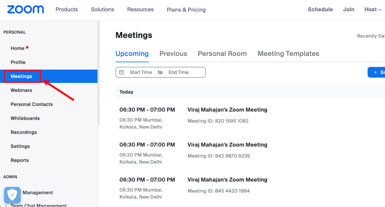 open Zoom web portal and click meetings