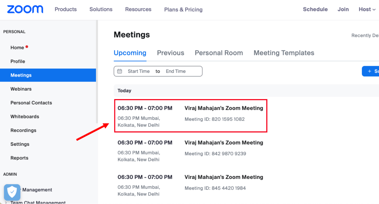 select a Zoom meeting to from list of scheduled sessions