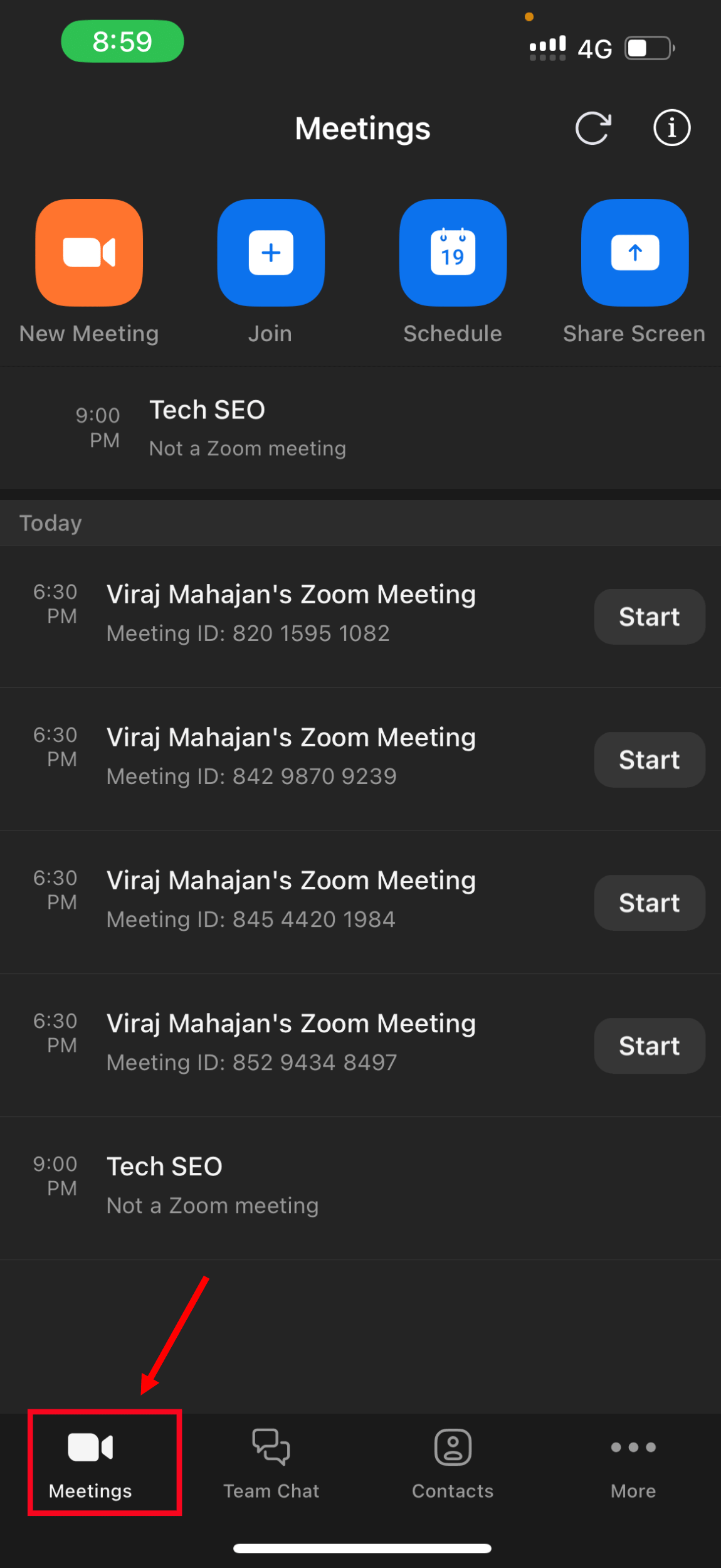 open Zoom app and click meetings option