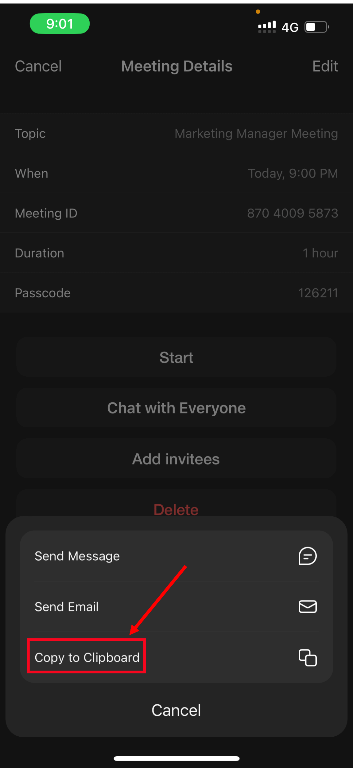 select copy to clipboard to copy the meeting link
