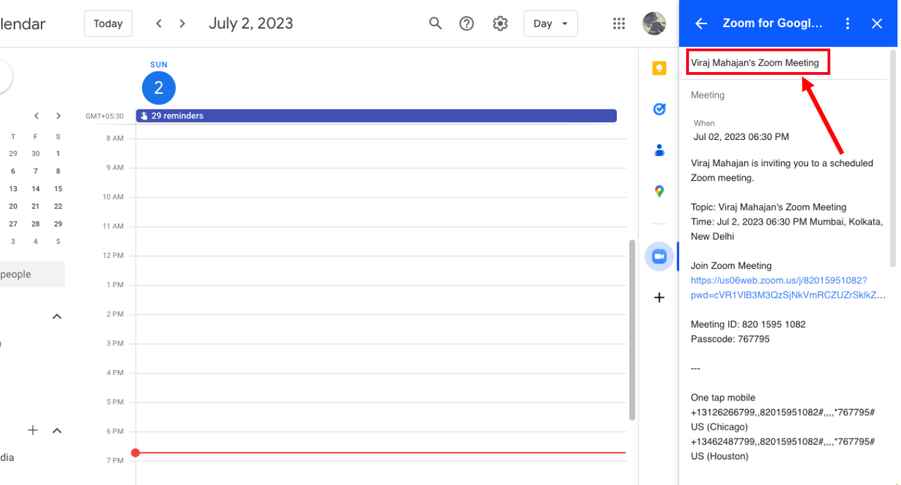 pop-up menu will complete meeting details will appear