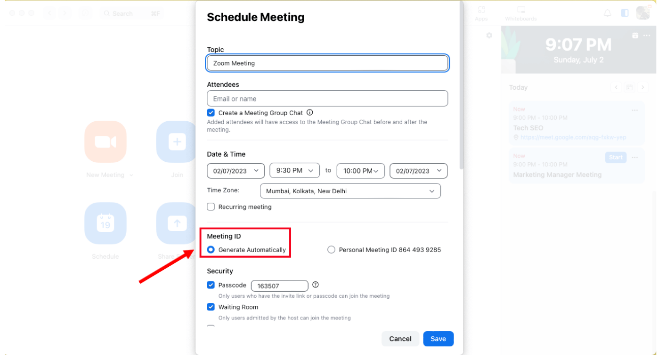 locate meeting id and click generate automatically