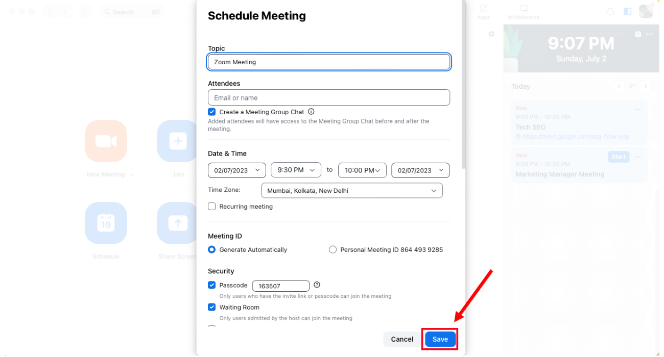 click save to confirm the meeting
