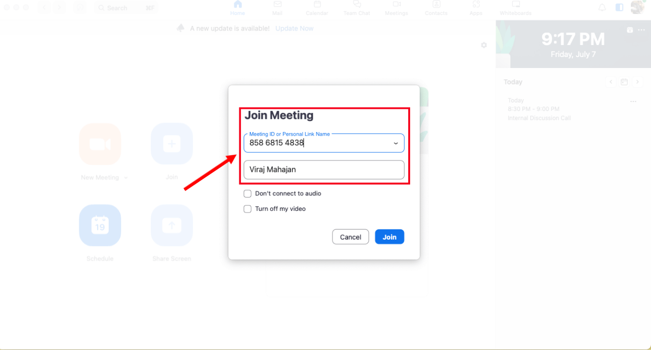 enter meeting id and display name