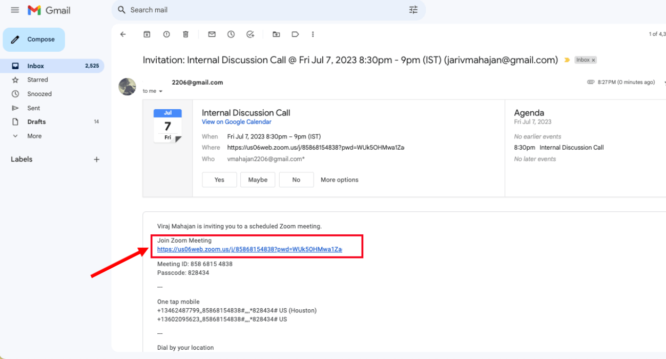 click meeting link in email sent by host