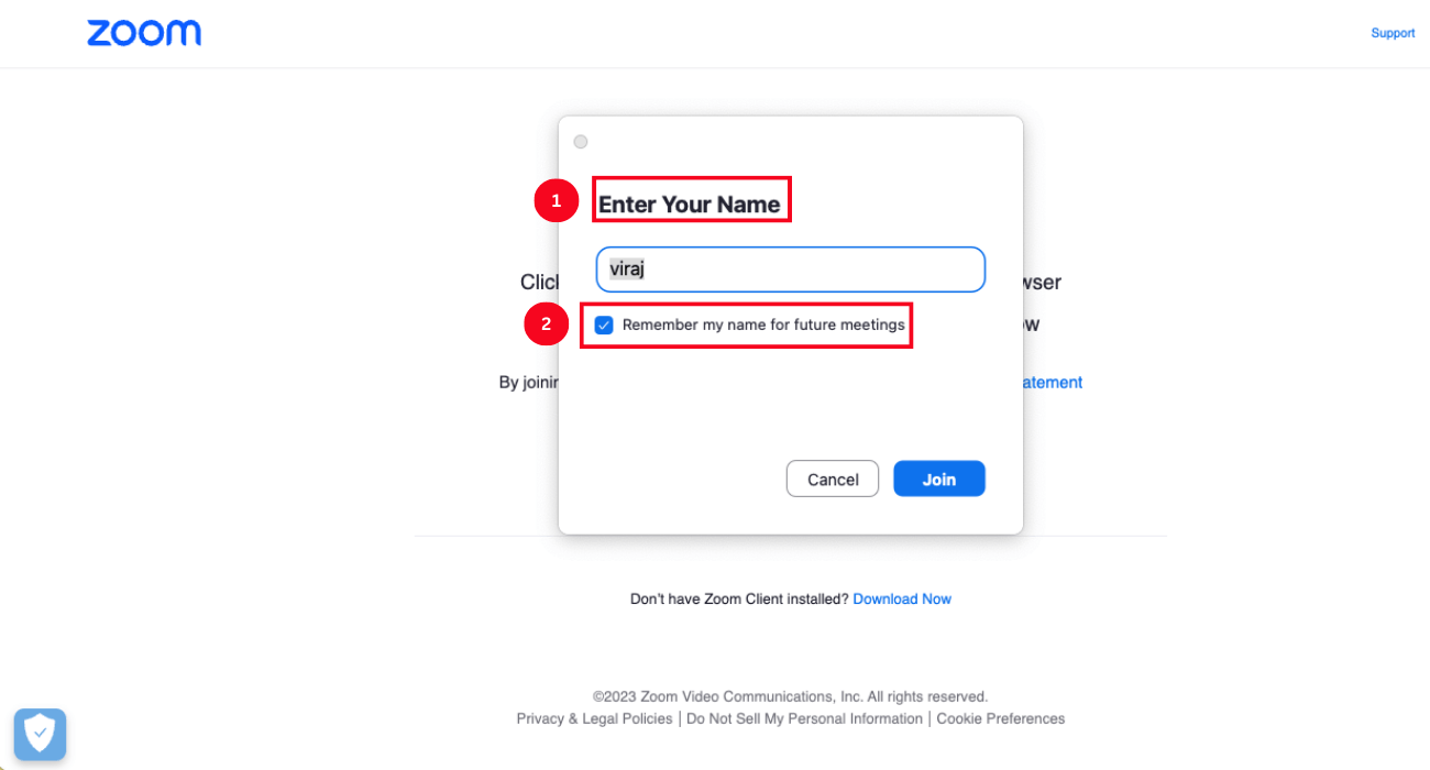 enter name and check box indicating remember by name for future meetings