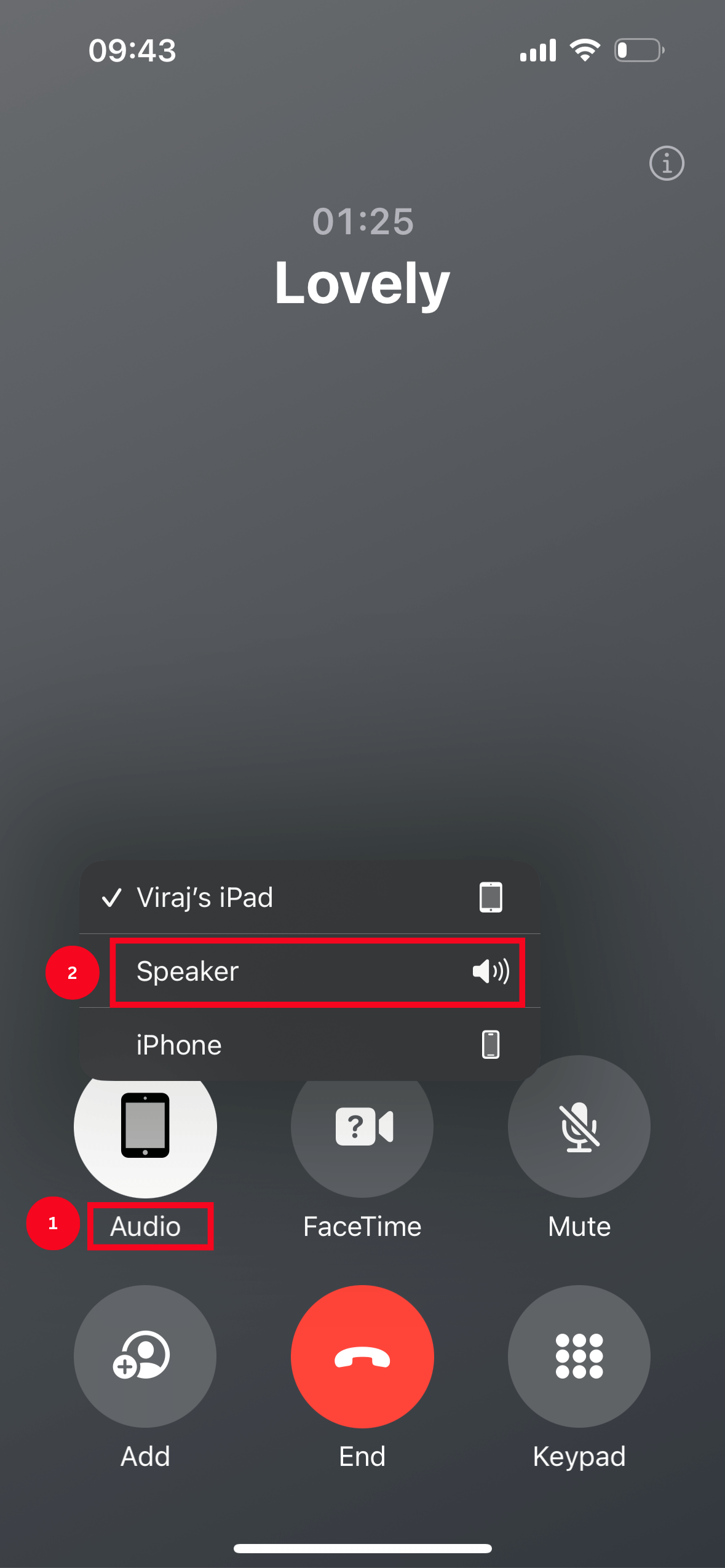 Start the call and select audio followed by speaker